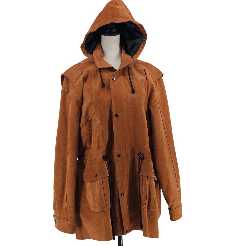 Vintage Australian Suede Leather Hooded Anorak Jacket XL Cognac Western Outback‎